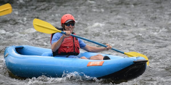 Kayaker enjoys the river on an inflatable kayak, or "funyak."