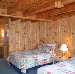 Moose Crossing bedroom including two beds with plaid sheets and a lamp in between