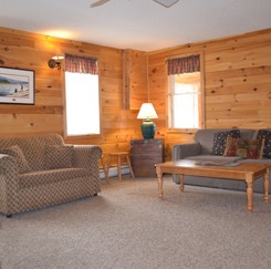 Living room with couches and coffee table in a river cottage