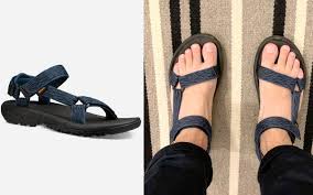 side by side pictures of sandals on feet and one behind white background